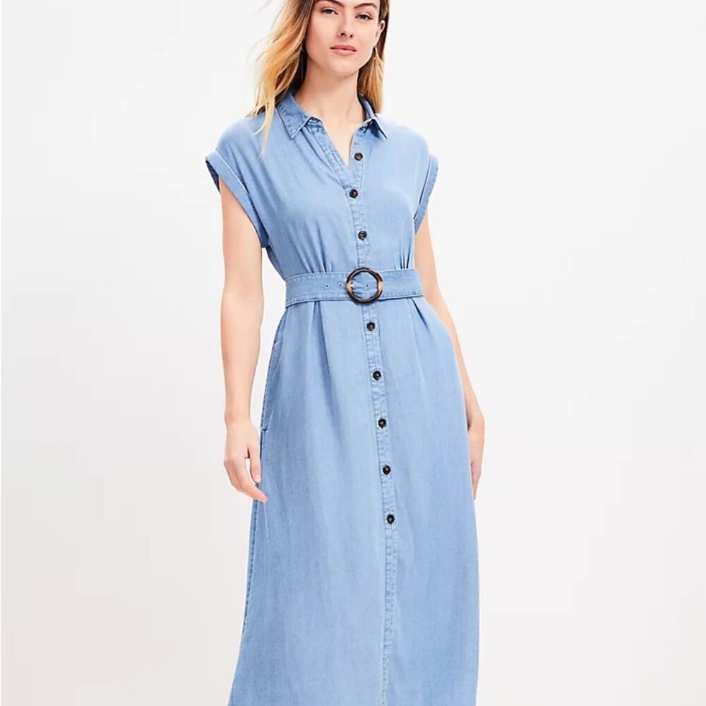 NEW LOFT Petite Women Chambray Midi Pocket Shirtdress Size 10 Petite - Picture 3 of 3